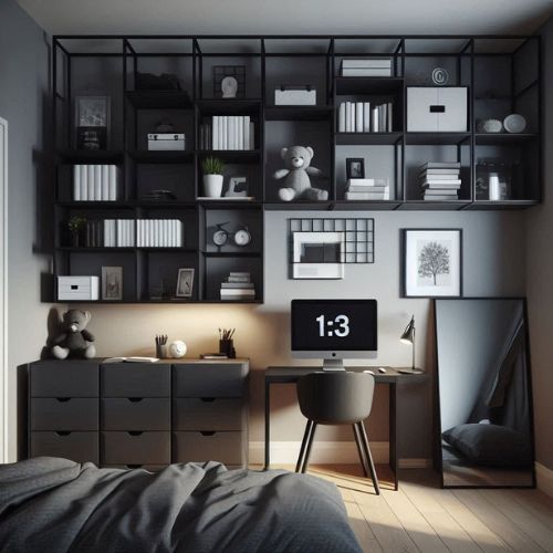 modern shelving in a very small bedroom