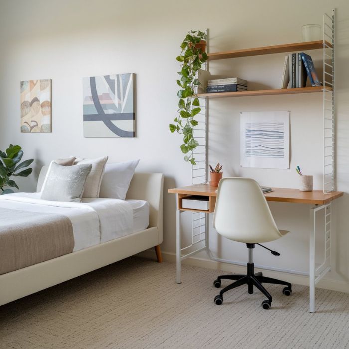 Decor-Driven Dual Purpose Space (5)
For a small room with a queen bed, opt for a compact desk that fits seamlessly into the layout. Use vertical space with wall-mounted shelves and choose space-saving furniture.

Compact Desk: Fits neatly in small spaces.
Wall-Mounted Shelves: Utilizes vertical space effectively.
Space-Saving Furniture: Choose pieces that are practical and stylish.
Under-Bed Storage: Maximizes available space.
Unified Design: Maintains a cohesive look throughout the room.