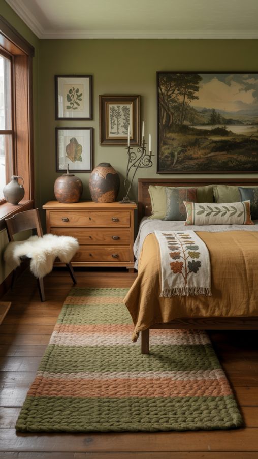 *"An Arts and Crafts master bedroom brought to life with handcrafted decor that celebrates nature and artisanal beauty. The space is anchored by a thick, handwoven wool rug in earthy tones of moss green and terracotta, its organic patterns softening the gleaming hardwood floors. A collection of artisanal pottery—unglazed stoneware vases and a hammered copper bowl—rests atop the quarter-sawn oak dresser, each piece celebrating imperfect, tactile beauty. The walls are adorned with framed botanical prints and a large Gustav Stickley-style landscape painting, their muted greens and ochres harmonizing with the room’s palette. The bed is dressed in layered textiles: a heavyweight linen duvet, a hand-embroidered throw with oak leaf motifs, and bolster pillows in a William Morris-inspired ‘Strawberry Thief’ fabric. Near the window seat, a vintage Morris chair draped with a sheepskin throw invites quiet moments, while a hand-forged iron candle holder on the nightstand adds rustic charm. Every object feels considered—from the pebbled-glass reading lamp to the open shelf displaying leather-bound books and a collection of acorn-shaped wooden boxes. The overall effect is a space that feels deeply personal, alive with craftsmanship, and perfectly balanced between function and artistry."* Key Decor Elements: Textiles: Handwoven rug, embroidered linens, Morris-print fabrics Artisan Accents: Stoneware pottery, hammered metal, hand-forged iron Nature-Inspired Art: Botanical prints, landscape paintings Personal Touches: Displayed books, collected wooden objects Mood: Lived-in, artful, and soulful—a true celebration of handmade warmth.