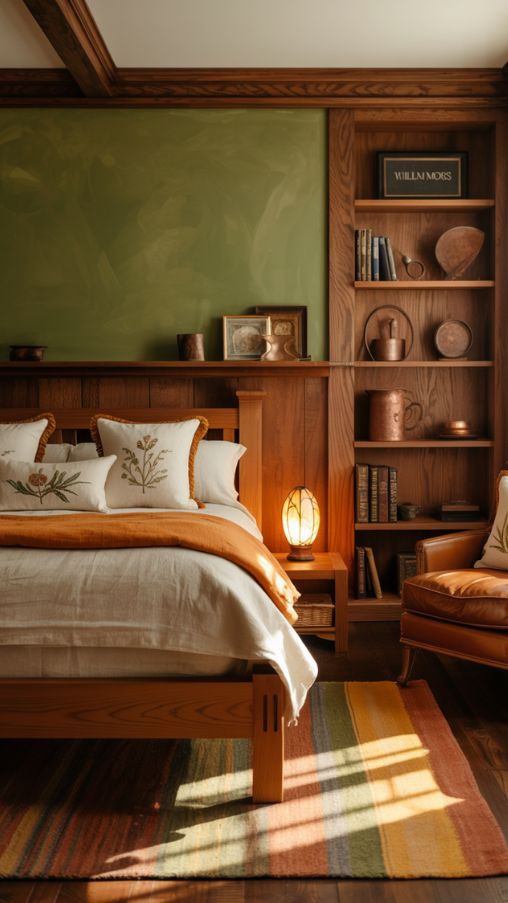 A warm and inviting Arts and Crafts-style master bedroom, featuring rich wooden craftsmanship and nature-inspired colors. The walls are painted in a deep olive green, with dark oak wainscoting and exposed wooden beams on the ceiling. A sturdy, handcrafted mission-style bed with visible grain is the centerpiece, dressed in layered textiles—a cream linen duvet, a burnt orange throw, and embroidered pillows with floral motifs. Natural light filters through a leaded glass window, casting soft patterns on the hardwood floor, where a handwoven rug in earthy tones (mustard, moss green, and rust) ties the room together. A built-in bookshelf displays hand-thrown pottery, leather-bound books, and a few pieces of hammered copper decor. A stained-glass table lamp glows warmly beside a leather armchair, completing the cozy, artisanal atmosphere. The room balances rustic charm with refined details—think William Morris wallpaper accents, wrought-iron hardware, and subtle botanical prints. Ultra-realistic textures, soft lighting, and a sense of timeless craftsmanship bring the scene to life.