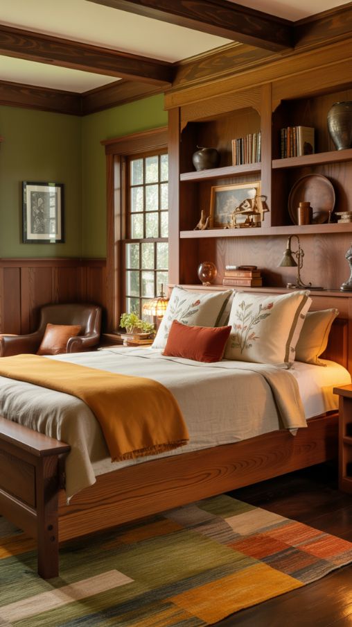 A warm and inviting Arts and Crafts-style master bedroom, featuring rich wooden craftsmanship and nature-inspired colors. The walls are painted in a deep olive green, with dark oak wainscoting and exposed wooden beams on the ceiling. A sturdy, handcrafted mission-style bed with visible grain is the centerpiece, dressed in layered textiles—a cream linen duvet, a burnt orange throw, and embroidered pillows with floral motifs. Natural light filters through a leaded glass window, casting soft patterns on the hardwood floor, where a handwoven rug in earthy tones (mustard, moss green, and rust) ties the room together. A built-in bookshelf displays hand-thrown pottery, leather-bound books, and a few pieces of hammered copper decor. A stained-glass table lamp glows warmly beside a leather armchair, completing the cozy, artisanal atmosphere. The room balances rustic charm with refined details—think William Morris wallpaper accents, wrought-iron hardware, and subtle botanical prints. Ultra-realistic textures, soft lighting, and a sense of timeless craftsmanship bring the scene to life.