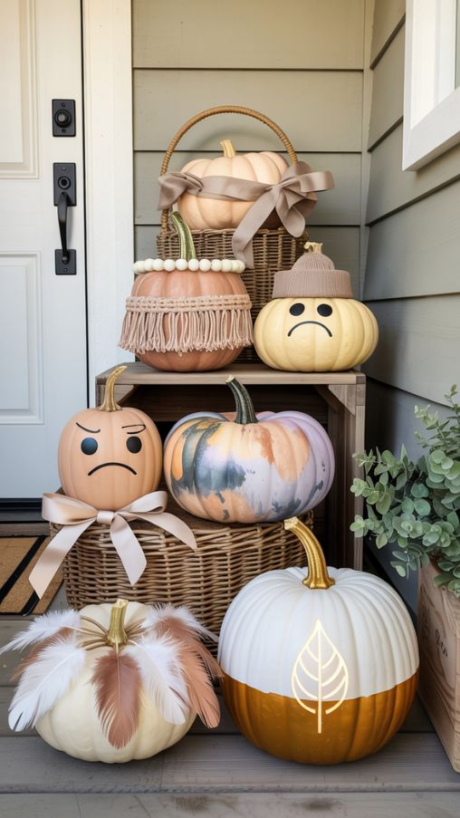 Generate a high-resolution photorealistic image of a stylish 2025 front porch decorated with trendy fall pumpkins. The porch has neutral modern farmhouse elements: a white door, black matte hardware, light wood floors, and clean vertical siding in off-white or pale sage. Feature a mix of 7 pumpkins arranged in layers on and around a wood crate and rattan basket. Each pumpkin has a unique 2025 trend-inspired design: Fringe Boho Pumpkin – Wrapped in soft macramé fringe and beaded twine. Colors: dusty rose, cream, and clay. Watercolor Pumpkin – Soft pastel watercolor pattern in lavender, blue-gray, and warm peach. Metallic-Dipped Pumpkin – Matte white with a gold foil bottom half and a velvet ribbon tied around the stem. Emotional Face Pumpkin – Cute sad or pouty face with pipe cleaner arms and a beanie hat. TikTok style. Feathered Neutral Pumpkin – Decorated with soft white and blush feathers and linen bows. Carved Minimalist Pumpkin – Modern, clean-line leaf silhouette carved into a pale pumpkin with soft backlighting. Moss + Wood Pumpkin – Faux moss and wood slices glued on, styled like a natural art piece. Accent the scene with stacked hay bales, neutral welcome mat with “Hey Pumpkin” in script, eucalyptus wreath on the door, lanterns with LED candles, and pampas grass in a ceramic vase. Use warm natural lighting—early morning or golden hour—to create cozy shadows and enhance the texture.