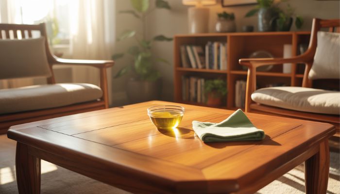 A cozy, sunlit living room with a large teak wood coffee table and matching chairs, their rich golden-brown grain glowing under soft natural light. On the table sits a small bowl of lemon oil and a clean microfiber cloth, midway through polishing the surface. In the background, a teak bookshelf with neatly arranged books and indoor plants. Gentle sunbeams filter through sheer curtains, casting soft shadows across the polished wood. Ultra-realistic textures showing the smoothness of the teak, subtle wood grain details, and the sheen from the oil. Warm, inviting atmosphere, 8K photorealistic quality.