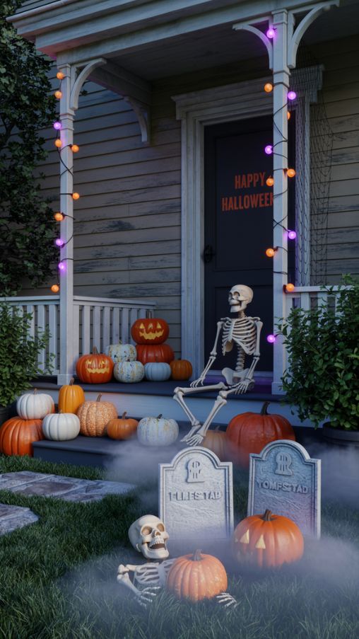 Generate a high-detail photorealistic scene of a Halloween-decorated front yard at twilight or night. Include These Key Elements Clearly: Item Visual Description Pumpkins A variety of pumpkins (different sizes and colors), both carved and uncarved, placed on stairs or a porch corner Tombstones Lightweight, rustic tombstones arranged in a mock graveyard patch on grass Skeletons One skeleton posed sitting on steps with another “peeking” from behind a tombstone for a fun effect String Lights Orange and purple string lights draped around the porch rail and bushes, softly glowing Fog Machine Effect Wisps of fog around the tombstone area or base of the porch, creating an eerie ambiance Setting & Style: Front yard with a cozy porch Evening or early night scene with glowing light sources Slightly whimsical, family-friendly spooky Lush, realistic textures (wooden porch, grass, leaves, stone) Add subtle shadows from lighting for depth and realism