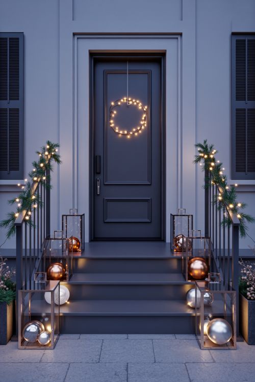 A modern, elegant Christmas front porch decorated with sleek metallic accents and neutral greenery. Metallic spheres in gold, silver, and copper sit inside clear lanterns along the steps, while a minimalist wreath with subtle LED lights adorns the front door. Garlands with neutral greenery and soft string lights frame the railing symmetrically, creating a polished and refined look. The porch features clean-lined seating with neutral cushions and a few statement planters, giving a curated yet festive atmosphere. Photorealistic style, high detail, realistic textures, sophisticated holiday ambiance, contemporary and elegant design. Keywords/Focus: Christmas Front Porch Ideas, modern elegant holiday porch decor, metallic Christmas decorations Image Title: Modern Elegant Christmas Front Porch with Metallic Accents Alt Text: Front porch decorated for Christmas with metallic spheres in clear lanterns, minimalist wreath, neutral greenery garlands, soft string lights, and clean-lined seating, creating a sophisticated and modern holiday ambiance.