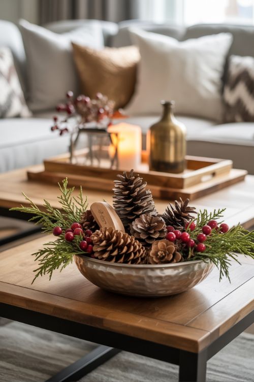 Elegant coffee table decor with pinecones, cranberries, cedar sprigs, and metallic accents on wooden trays for a natural fall to winter transition.