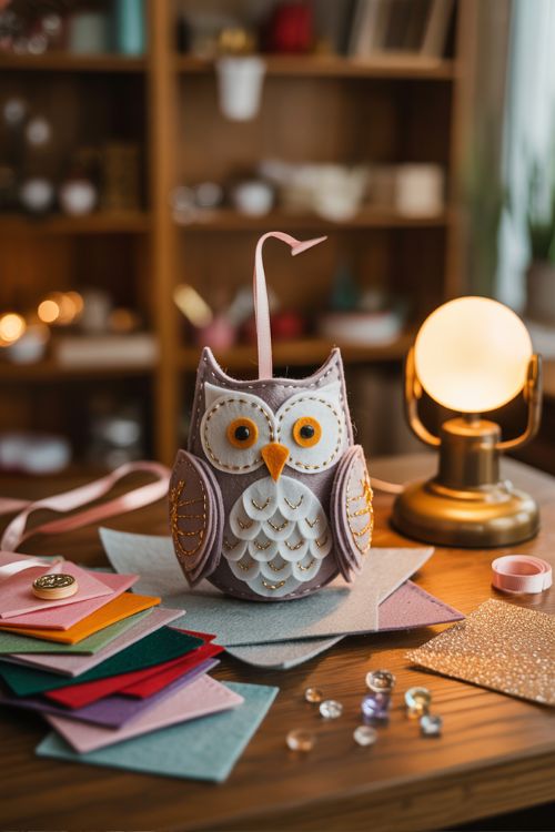 Crafting table with advanced DIY felt ornaments including a layered embroidered owl, beads, ribbons, and glitter felt, showcasing intricate handmade Christmas decorations
