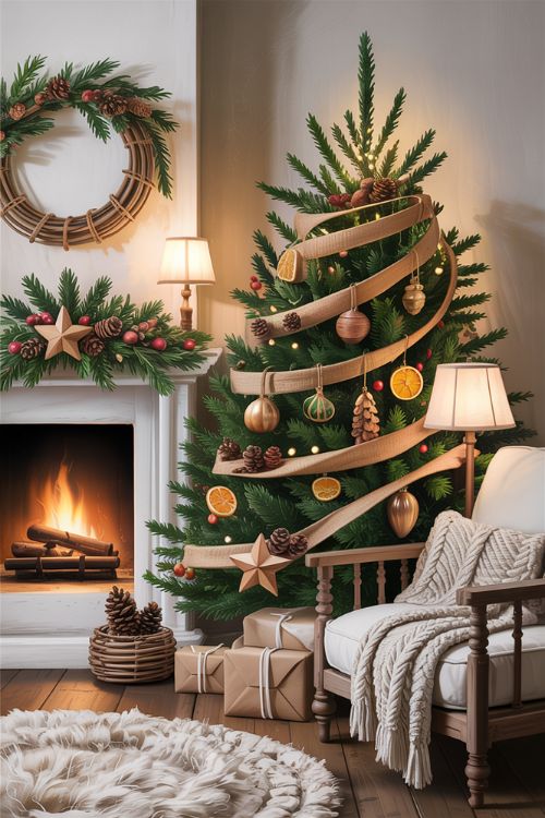 A cozy living room decorated with sustainable, nature-inspired Christmas decorations including wooden ornaments, pinecones, burlap garlands, and a rattan wreath, creating a warm and elegant holiday atmosphere