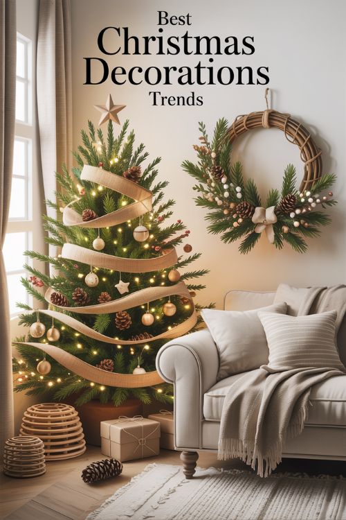A cozy living room decorated with sustainable, nature-inspired Christmas decorations including wooden ornaments, pinecones, burlap garlands, and a rattan wreath, creating a warm and elegant holiday atmosphere