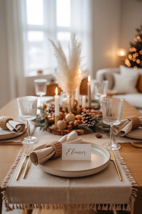 A boho-inspired Christmas dining table styled with a neutral fabric runner featuring tassel edges, earthy ceramic dinnerware, and simple glassware. The centerpiece combines pampas stalks, candles, pinecones, and wooden accents, creating a warm and inviting atmosphere. Handmade macrame napkin rings and small personalized place cards add a whimsical, DIY touch. Layered textures, muted tones, and subtle metallic details enhance the table without overwhelming guests, resulting in a cozy yet elegant bohemian holiday setting perfect for gatherings.Keywords/Focusboho christmas table settingsbohemian holiday dining decorcozy christmas tablescape ideasAlt TagBoho Christmas table setting with pampas centerpiece, candles, pinecones, neutral tassel runner, handmade napkin rings, and earthy ceramicsImage TitleBoho Christmas Table Settings – Cozy and Elegant Holiday Dining Style