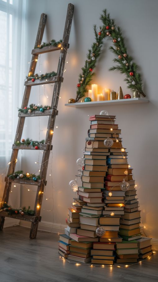 Book, Ladder, and Shelf-Based Christmas Tree Alternative Ideas
