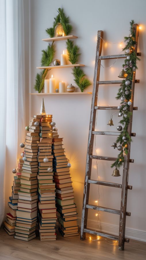 Book, Ladder, and Shelf-Based Christmas Tree Alternative Ideas