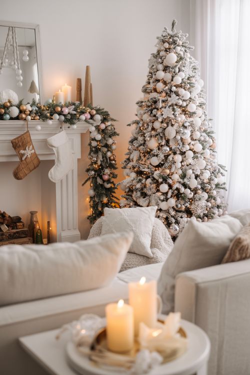 Bright living room with a flocked Christmas tree, white garlands, silver ornaments, and fairy lights creating an elegant white Christmas decor theme.