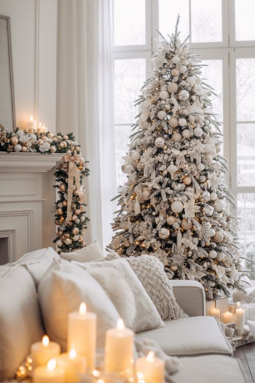 Bright living room with a flocked Christmas tree, white garlands, silver ornaments, and fairy lights creating an elegant white Christmas decor theme.