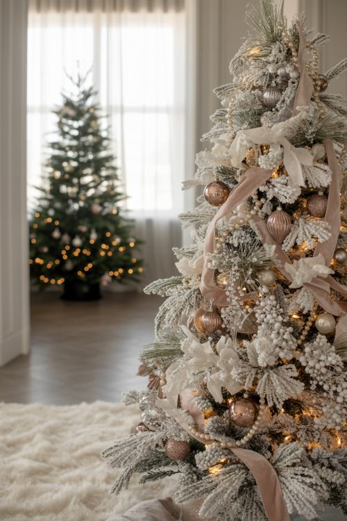 Luxury Christmas home featuring a white frosted tree with metallic ornaments and a traditional evergreen tree, blending modern elegance with classic warmth.