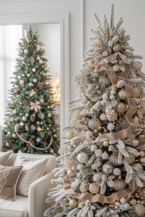 Luxury Christmas home featuring a white frosted tree with metallic ornaments and a traditional evergreen tree, blending modern elegance with classic warmth.