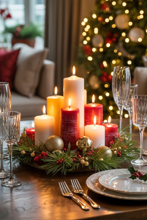 Christmas Candle Centerpiece with Pine, Ornaments, and Warm Lighting