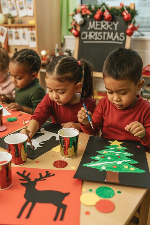 Classroom with children creating Christmas crafts like reindeer silhouette art, paintings, and paper cup advent calendars, with colorful decorations displayed.