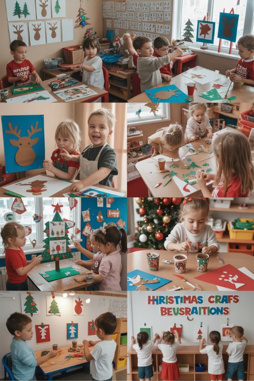 Classroom with children creating Christmas crafts like reindeer silhouette art, paintings, and paper cup advent calendars, with colorful decorations displayed.