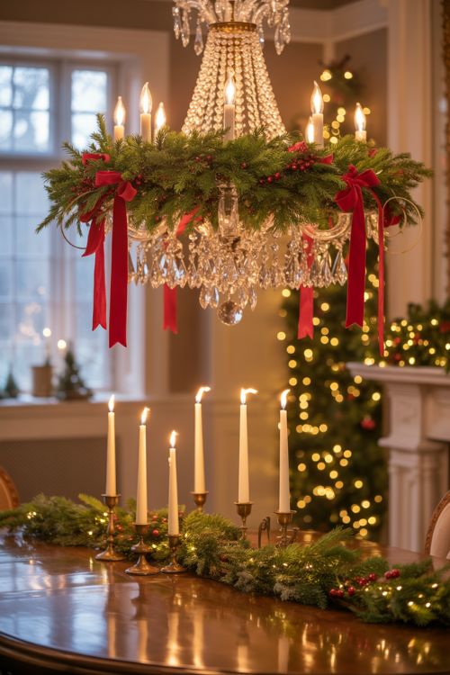 Christmas dining room with chandelier wrapped in greenery and red ribbons, LED candle arches on the table, and fairy lights woven into garlands, creating a warm and magical holiday ambiance.