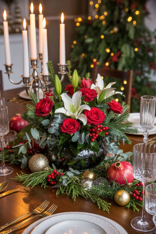 Christmas Floral and Greenery Table Centerpiece with Berries and Fir Sprigs