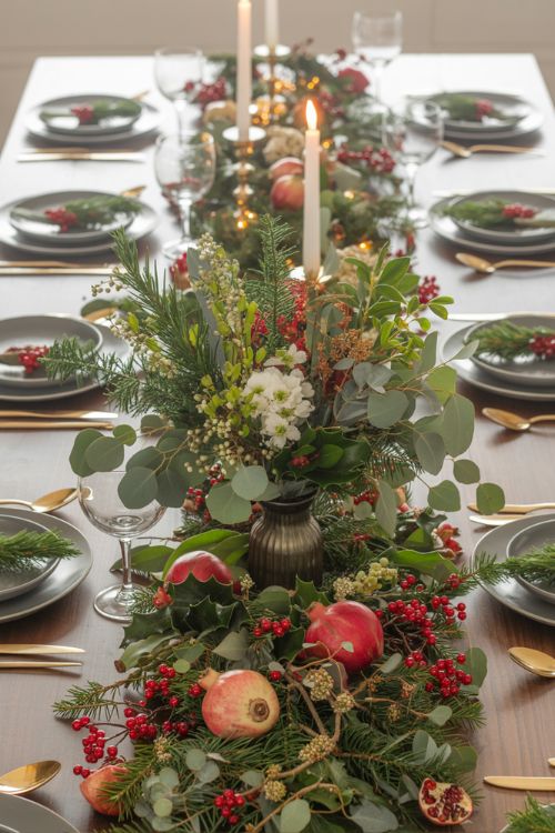 Christmas Floral and Greenery Table Centerpiece with Berries and Fir Sprigs