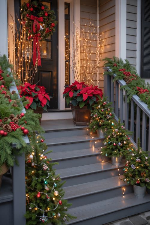Christmas Front Porch with Potted Trees and Planters