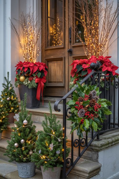 Christmas Front Porch with Potted Trees and Planters