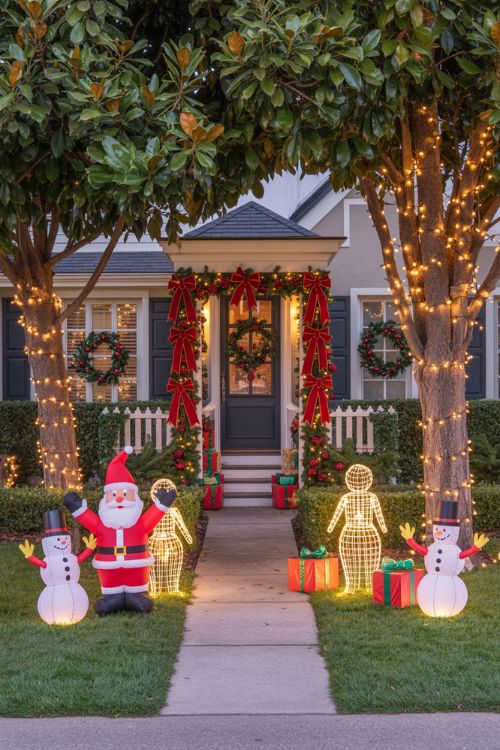 Front yard decorated for Christmas with wreaths, garlands, LED string lights, inflatables, DIY figures, and greenery, creating festive curb appeal and a welcoming atmosphere.