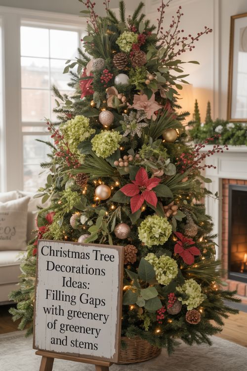 Christmas tree decorated with berry sprays, faux hydrangea stems, pinecone picks, and poinsettias to fill gaps and create a lush look