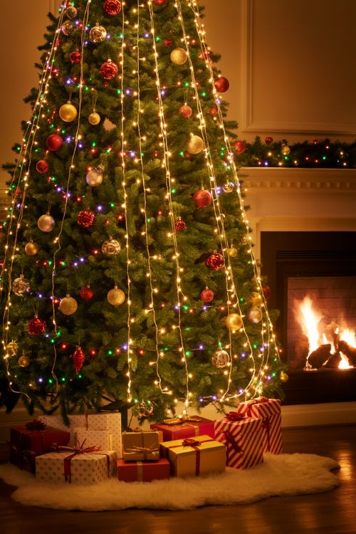 Christmas tree decorated with warm white and multi-colored LED lights woven through branches to create depth and a festive glow.