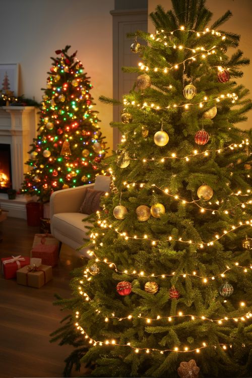 Christmas tree decorated with warm white and multi-colored LED lights woven through branches to create depth and a festive glow.