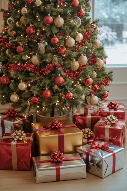 Christmas tree with coordinated gifts wrapped in matching colors, ribbons, and textures to complement the holiday decor