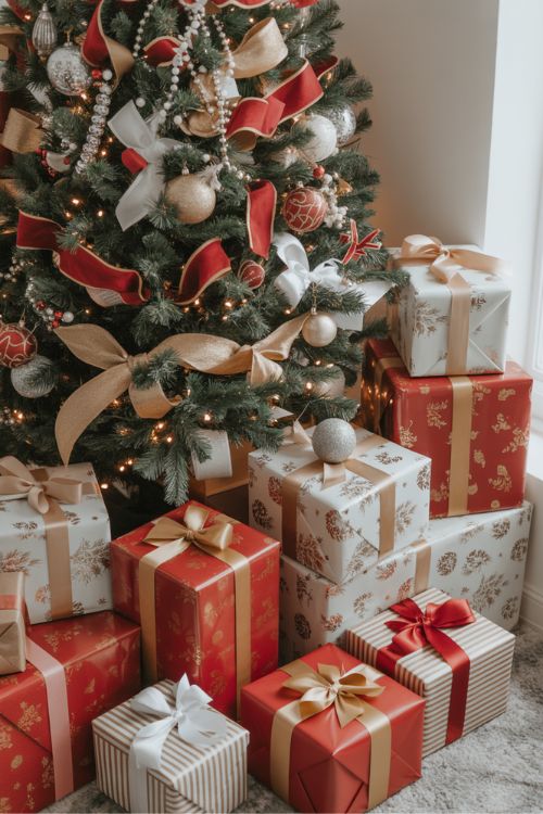 Christmas tree with coordinated gifts wrapped in matching colors, ribbons, and textures to complement the holiday decor
