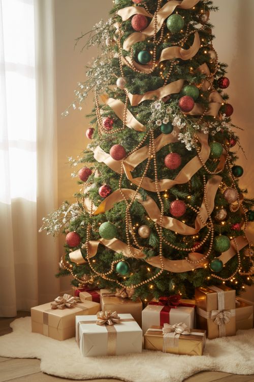 Layered Christmas tree decorated with lights, ribbons, large baubles, bead garlands, and floral picks for an elegant holiday look.