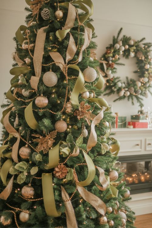 Layered Christmas tree decorated with lights, ribbons, large baubles, bead garlands, and floral picks for an elegant holiday look.