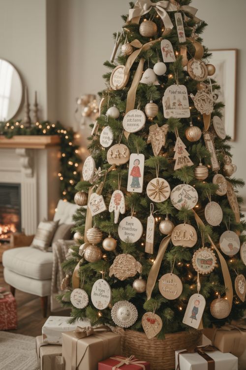 Christmas tree decorated with meaningful ornaments, handmade keepsakes, and travel souvenirs balanced with neutral baubles and ribbons.