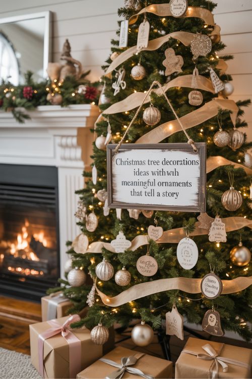 Christmas tree decorated with meaningful ornaments, handmade keepsakes, and travel souvenirs balanced with neutral baubles and ribbons.