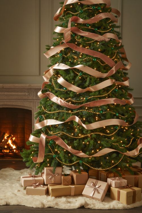 Christmas tree decorated with cascading velvet ribbons, satin curls, and gold bead garlands for elegant dimension.