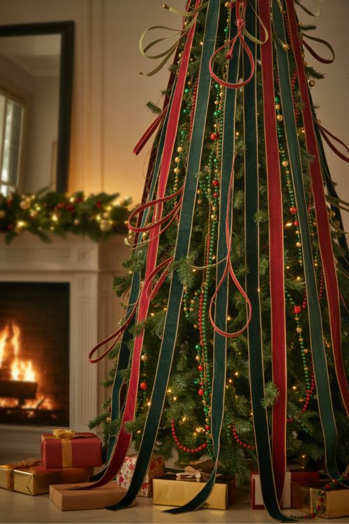 Christmas tree decorated with cascading velvet ribbons, satin curls, and gold bead garlands for elegant dimension.