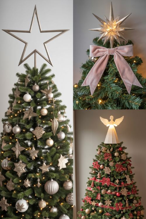 Christmas tree decorated with a metallic star, velvet bow, and angel toppers, each styled to match traditional and modern holiday themes.