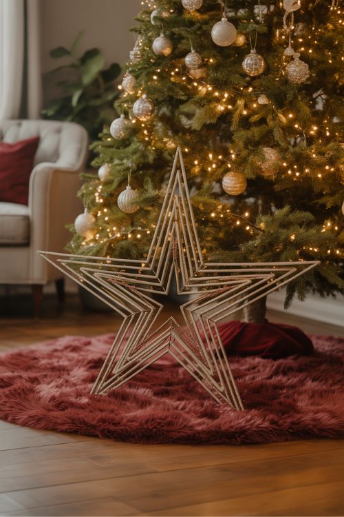 Christmas tree decorated with a metallic star, velvet bow, and angel toppers, each styled to match traditional and modern holiday themes.