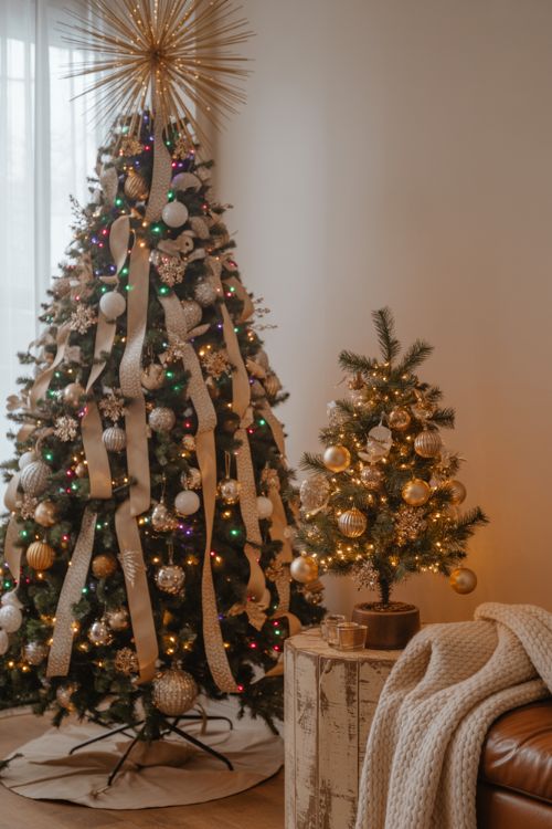 A festive living room featuring 2025 Christmas tree trends with a fully decorated showpiece tree, a tabletop tree, oversized bows, and a starburst topper for a dramatic and elegant holiday look