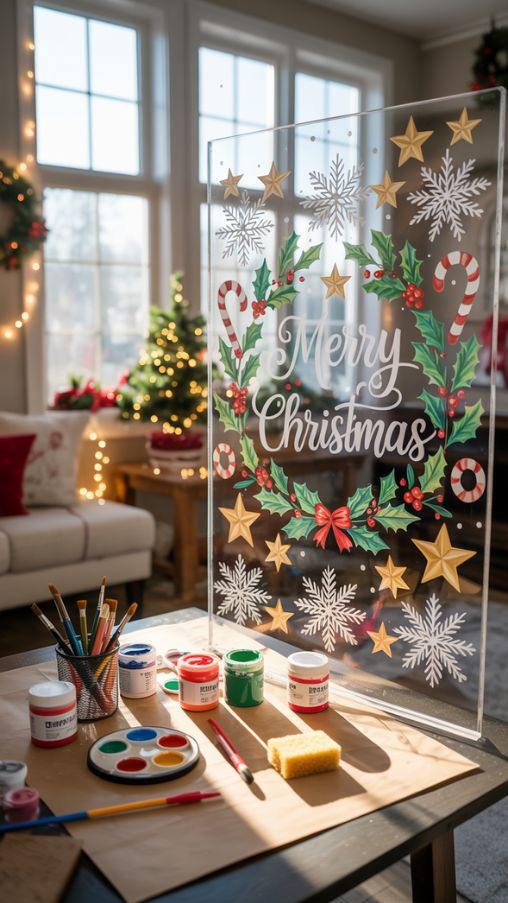 Create a cozy and festive home interior scene focusing on Christmas window painting ideas. Show a bright living room with large clear windows decorated with colorful, hand-painted holiday designs, including snowflakes, candy canes, stars, and holly leaves. Include small brushes, chalk markers, tempera paint pots, and a tiny sponge on a nearby table, suggesting an ongoing DIY project. Natural sunlight streams through the windows, highlighting the vibrant colors of the paintings. A drop cloth beneath the window protects the floor. Include subtle seasonal decorations like a small Christmas tree, wreaths, and warm string lights to enhance the holiday atmosphere. Emphasize a photorealistic, inviting, and cozy style. Keywords/Focus: Christmas Window Painting Ideas, DIY Christmas Decor, Festive Home Decor, Holiday Window Art Alt Text: Cozy living room with large windows decorated with colorful hand-painted Christmas designs including snowflakes, stars, and candy canes, surrounded by painting supplies and subtle festive decorations Image Title: DIY Christmas Window Painting Ideas for a Cozy Festive Home