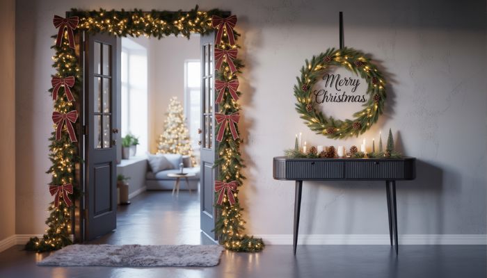 A high-resolution, photorealistic interior photograph of Christmas Yard Decorations IdeasStyled in a modern yet cozy home setting with natural lighting, soft shadows, and realistic textures. Professional lifestyle photography style, wide-angle shot, ultra-detailed, sharp focus. Designed to look like a real photograph for a home decor magazine cover. Minimal props, clean aesthetic, inviting atmosphere.
