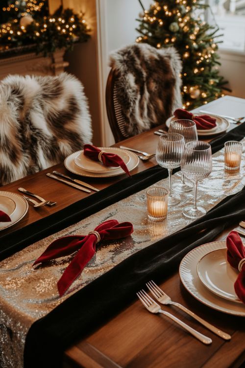 Christmas dining room with cozy textures including faux fur chair throws, velvet ribbon-tied napkins, and layered tweed and satin table runners, creating a warm and inviting holiday atmosphere.