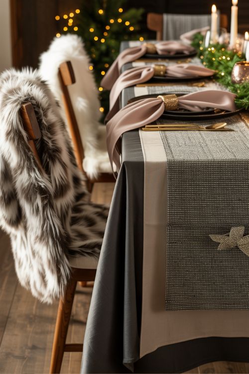 Christmas dining room with cozy textures including faux fur chair throws, velvet ribbon-tied napkins, and layered tweed and satin table runners, creating a warm and inviting holiday atmosphere.