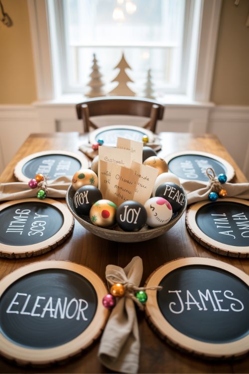 Christmas dining room with personalized DIY decor including chalkboard placemats with names, twine napkin rings, handwritten notes, and kid-painted ornaments, creating a warm and heartfelt holiday atmosphere.