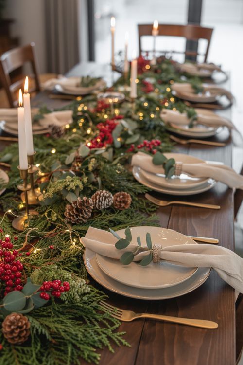 Christmas dining room with seasonal greenery including garlands across the table, wreaths on chair backs, and eucalyptus bundles on plates, accented with pinecones and fairy lights for a festive holiday atmosphere.
