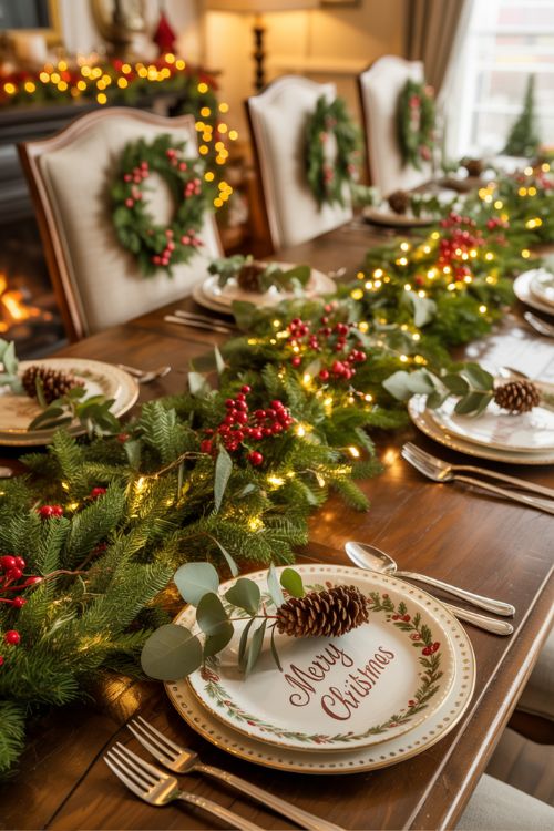 Christmas dining room with seasonal greenery including garlands across the table, wreaths on chair backs, and eucalyptus bundles on plates, accented with pinecones and fairy lights for a festive holiday atmosphere.